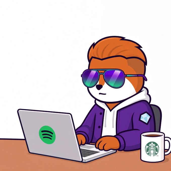 An NFT-style cartoon illustration of a brown and white dog wearing rainbow sunglasses and a purple jacket, working on a laptop with a Spotify sticker next to a Starbucks mug.