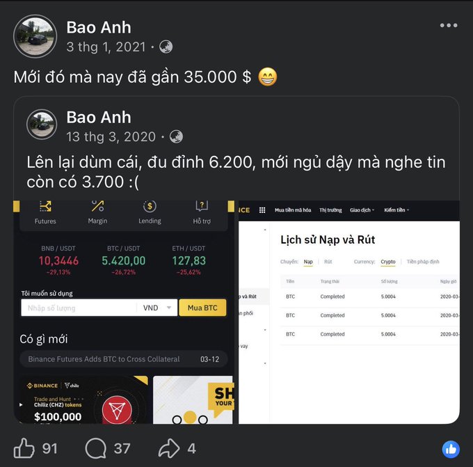 A Facebook post by 'Bao Anh' dated '3 thg 1, 2021' showing a previous post from '13 thg 3, 2020' about cryptocurrency investments, with screenshots of crypto prices including BNB/USDT and BTC/USDT.