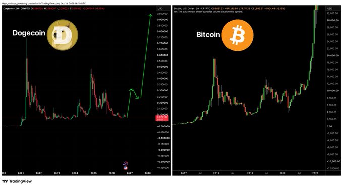 Side-by-side TradingView monthly charts comparing Dogecoin and Bitcoin from 2011 to 2018, with Dogecoin showing a price of 0.008501 and Bitcoin at 19,590.00, both displaying significant historical price action.