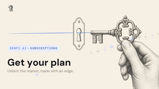 An advertisement for 'SENPI.AI · SUBSCRIPTIONS' with the headline 'Get your plan' and the tagline 'Unlock the market, trade with an edge,' featuring an illustration of a hand inserting an ornate key into a lock.
