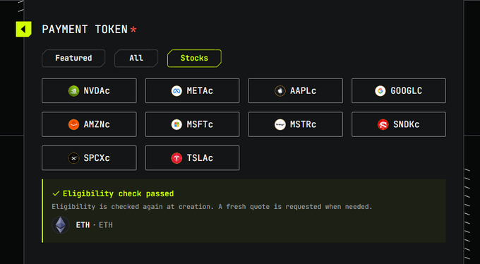 A payment token selection interface showing stock token options like NVDAc, METAc, AAPLc, GOOGLc, AMZNc, MSFTc, MSTRc, SNDKc, SPCXc, and TSLAc, with an 'Eligibility check passed' message for ETH-ETH.