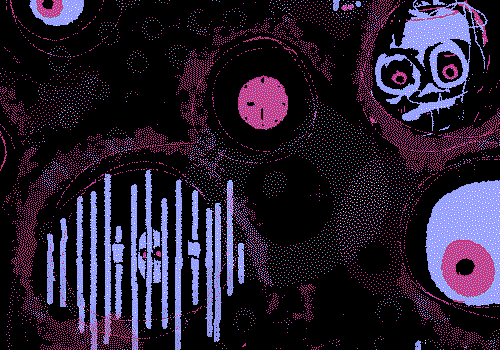 A dark, surreal illustration featuring monstrous creatures with large pink and purple eyes, including one with vertical bars resembling a mouth in a pink and purple color palette.