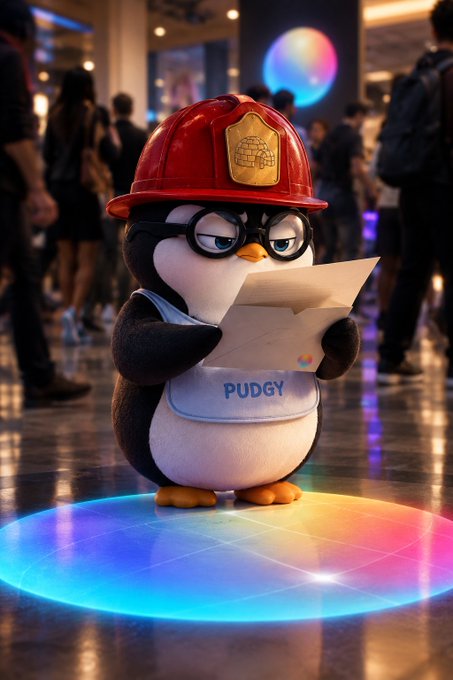 A cartoon penguin mascot named "PUDGY" wearing a firefighter helmet and glasses stands on a colorful illuminated platform while reading a document, seemingly at a public event or expo. The character fits the "Gn legends" theme as a playful, collectible figure representing a beloved brand in the crypto community.