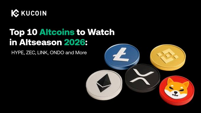 The image is a KuCoin promotional graphic titled "Top 10 Altcoins to Watch in Altseason 2026: HYPE, ZEC, LINK, ONDO and More," featuring stylized coin illustrations representing Litecoin (LTC), Binance Coin (BNB), Ethereum (ETH), XRP, and Shiba Inu (SHIB). It visually supports the article's premise by highlighting altcoins gaining momentum ahead of an official altseason, as tracked by the Altcoin Season Index.