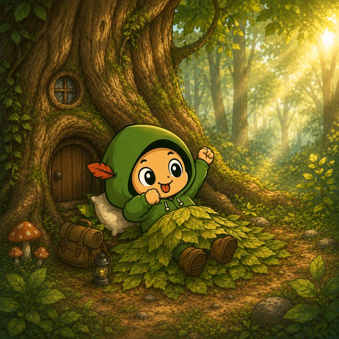 A cartoon-style illustration of a character in a green hooded outfit lying on a bed of leaves in front of a treehouse door, surrounded by a forest setting with a backpack and lantern.