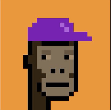 A low-resolution pixel art portrait of a brown-skinned figure wearing a purple baseball cap, set against a solid orange background.