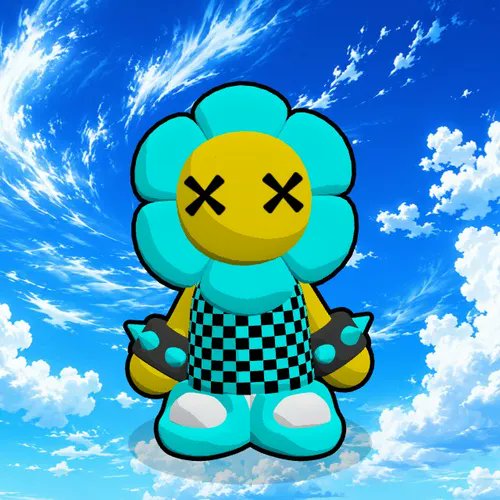 A digital illustration of a cartoonish blue flower character with "X" eyes, checkered shorts, and spiked gloves stands against a cloudy sky background. The image represents the sold NFT "GOD PULL #3166" from the collection referenced in the post.