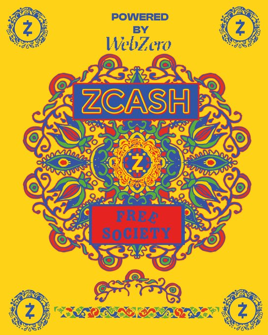 This vibrant poster advertises Zcash and "Free Society," powered by WebZero, featuring intricate paisley-style designs in red, blue, and green against a bright yellow background with the "ZCASH" name prominently displayed. The decorative "Free Society" branding aligns with the post's message about Zcash's presence at a Mumbai event on November 4-5, emphasizing privacy through eye-catching, culturally resonant artwork.