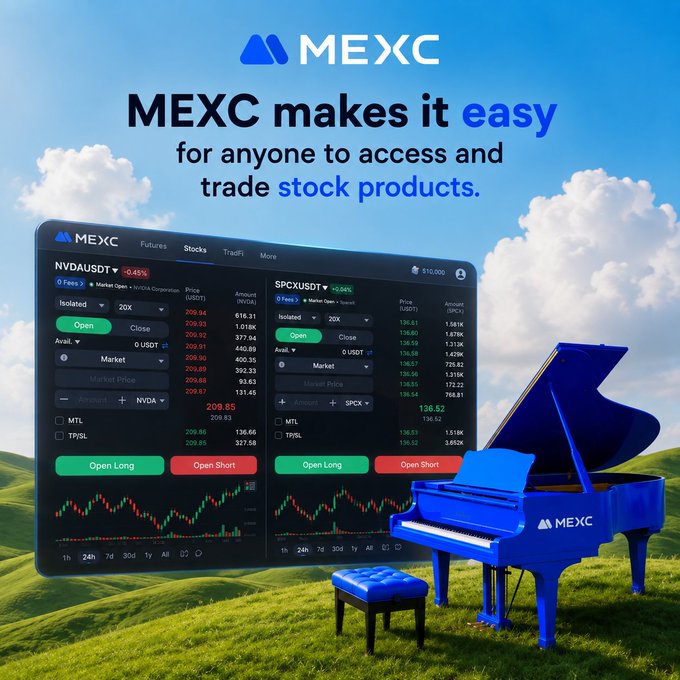A MEXC promotional graphic showing trading interfaces for NVDAUSDT and SPCXUSDT, with text 'MEXC makes it easy for anyone to access and trade stock products,' featuring a blue piano on a grassy hill.