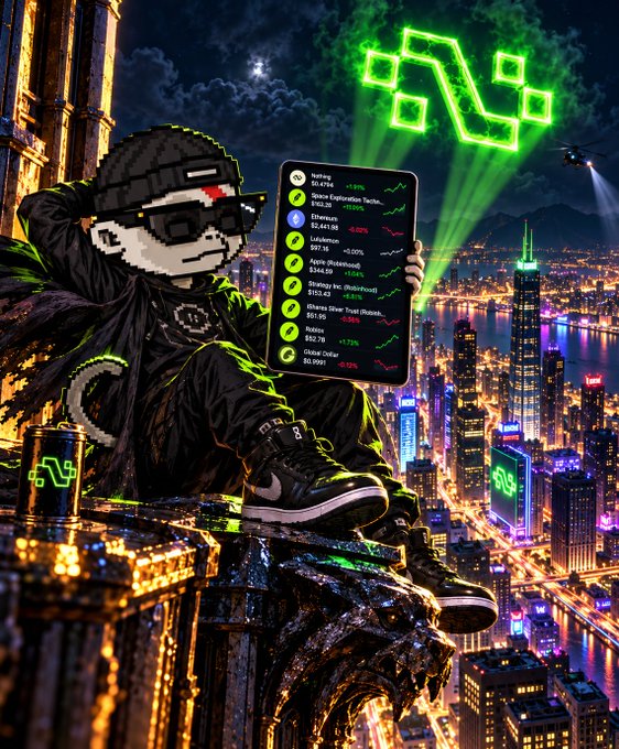 Pixel-art scene of a black-clad, cap-wearing figure sitting high above a neon city at night while holding a smartphone portfolio dashboard. Green laser-like lines connect floating crypto-style symbols in the sky; the phone includes small stock entries such as “Nasdaq,” “Dow Exploration Tech,” “Ethereum,” and “Apple Stock(AAPL),” alongside rising and falling charts.