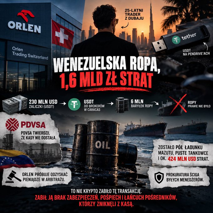 A Polish-language infographic about a 'Wenezuelska ropa, 1,6 mld zł strat' (Venezuelan oil, 1.6 billion zł loss) scandal involving Orlen, PDVSA, and a failed 230 million USD USDT transaction.
