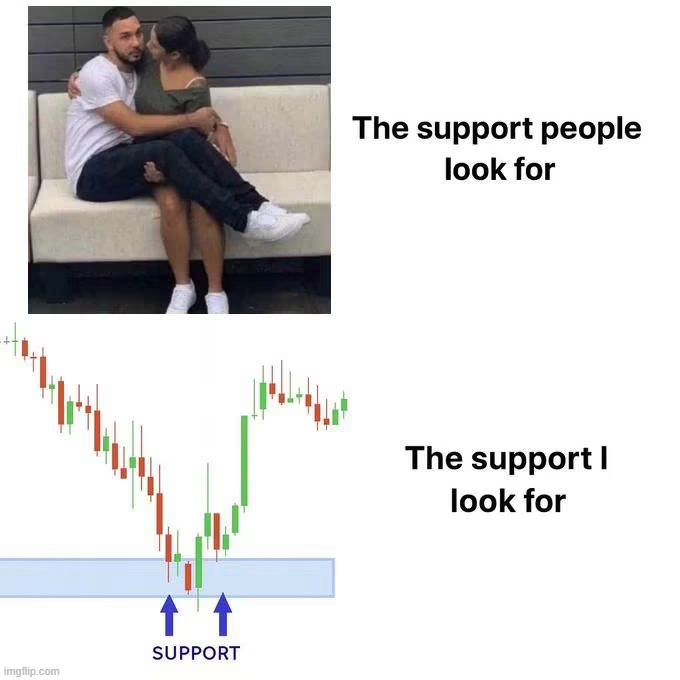 A two-panel meme contrasting emotional support people seek ('The support people look for') with a candlestick chart showing market support levels ('The support I look for') at a marked support zone.