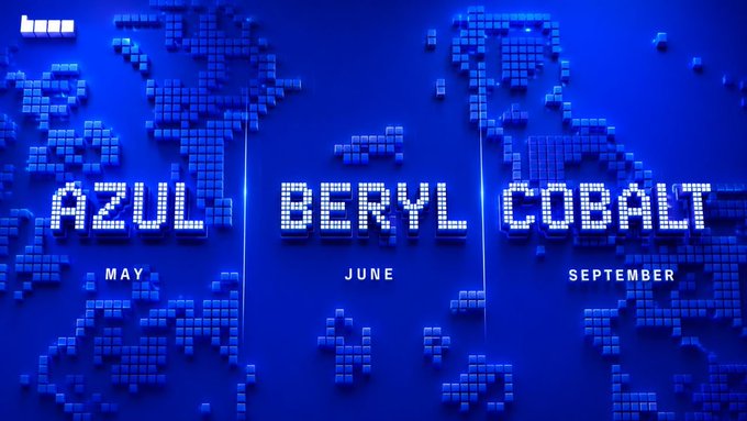 A blue-toned digital promotional graphic displays pixelated text reading 'AZUL MAY', 'BERYL JUNE', and 'COBALT SEPTEMBER', suggesting a series of upcoming releases.