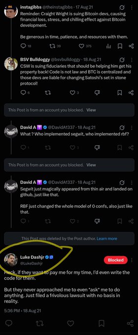 A screenshot of several Twitter/X posts about Craig Wright and Bitcoin SV, including a highlighted post from Luke Dashjr (@LukeDashjr) stating "Fuck, if they want to pay me for my time, I'd even write the code for them. But they never approached me to even 'ask' me to do anything. Just filed a frivolous lawsuit with no basis in reality."