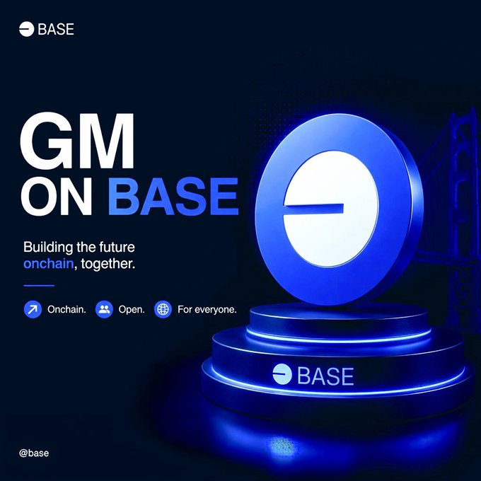 A promotional graphic for Base with the text 'GM ON BASE - Building the future onchain, together' alongside icons labeled 'Onchain.', 'Open.', and 'For everyone.', featuring a 3D blue Base logo on a pedestal.