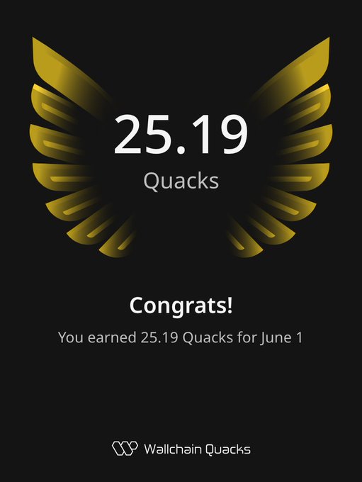 "I've added 25.19 more Quacks to my bag. Congratulations to @wallchain to me - for this awesone in June 1st. Everday i get my Quacks it makes me feel more poud of what i have achieved so far. My outlook remains constructive and optimistic. In my view, Quacks continue to".