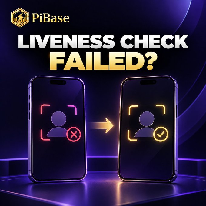 The image is a promotional graphic for PiBase featuring two smartphones—one displaying a "Liveness Check" failure (red X) and the other a successful check (yellow checkmark)—under the headline "LIVENESS CHECK FAILED?" illustrating the post's message about improving KYC facial verification on older devices through updated face-angle capture and video processing.