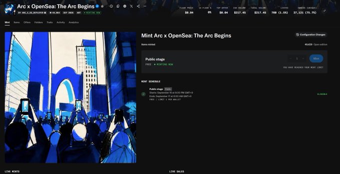 A webpage header for 'Arc x OpenSea: The Arc Begins' showing a public mint in 'Stage' status with a banner illustration of a crowd holding up phones.