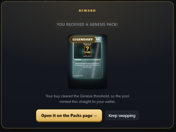 A digital 'REWARD' notification screen announces 'YOU RECEIVED A GENESIS PACK!' featuring a 'LEGENDARY' tier card with options to 'Open it on the Packs page' or 'Keep swapping'.