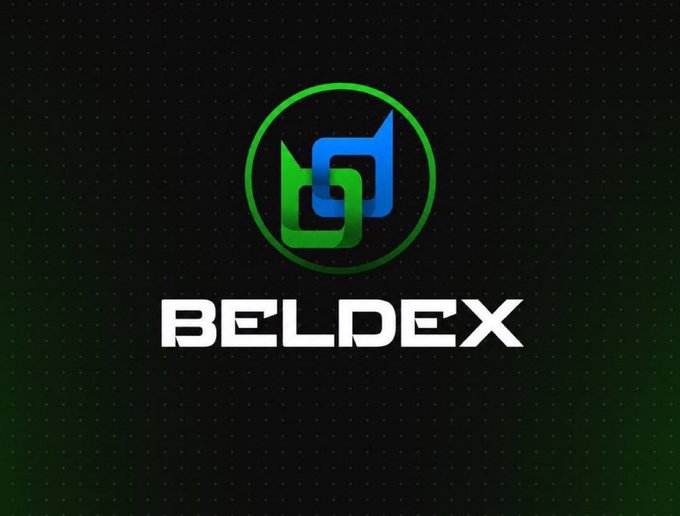 The image shows the Beldex logo—a stylized "B" intertwined in green and blue within a circular border—above the bold white "BELDEX" wordmark, set against a dark grid-patterned background. It visually represents the Beldex Name Service (BNS) branding mentioned in the post, reinforcing the platform's identity as the provider of human-readable .bdx domain names for more user-friendly Web3 interactions.