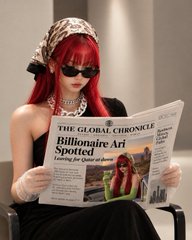 A red-haired woman wearing sunglasses and a headscarf reads a newspaper titled 'THE GLOBAL CHRONICLE' with the headline 'Billionaire Art Spotted'.