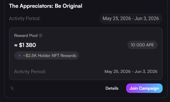 The image shows a screenshot of a campaign sign that says "The Appreciators! Be Original". It appears to be a discussion or announcement about the appreciation of something, possibly related to blockchain technology or some similar topic. The main focus of the campaign is an online pool where people can participate and potentially receive benefits depending on their position in the leaderboard. This activity has the potential to turn into advantage when the time is right for the participants based on their ranking.
