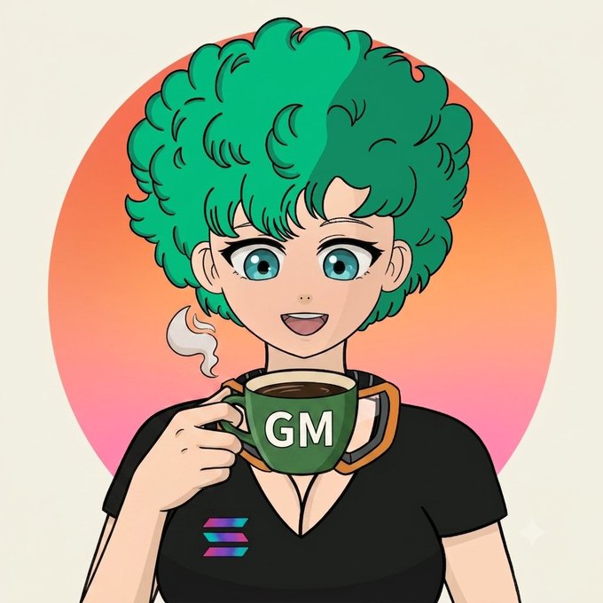 An anime-style illustration of a character with green curly hair and blue eyes holding a green coffee mug that says 'GM'.