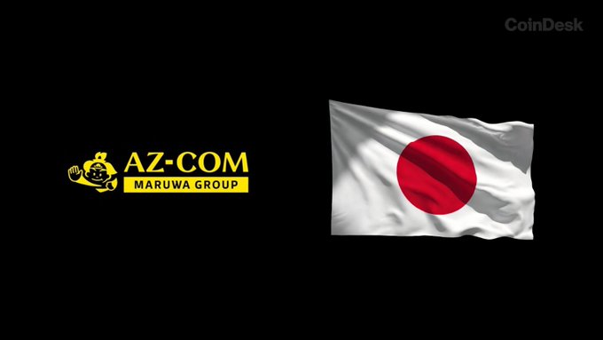 The image displays the AZ-COM Maruwa Group logo alongside the Japanese flag on a black background with a "CoinDesk" watermark. It relates to the post by illustrating the Japanese company, an Amazon supplier, which plans to use the JPYC stablecoin for large-scale corporate payments.