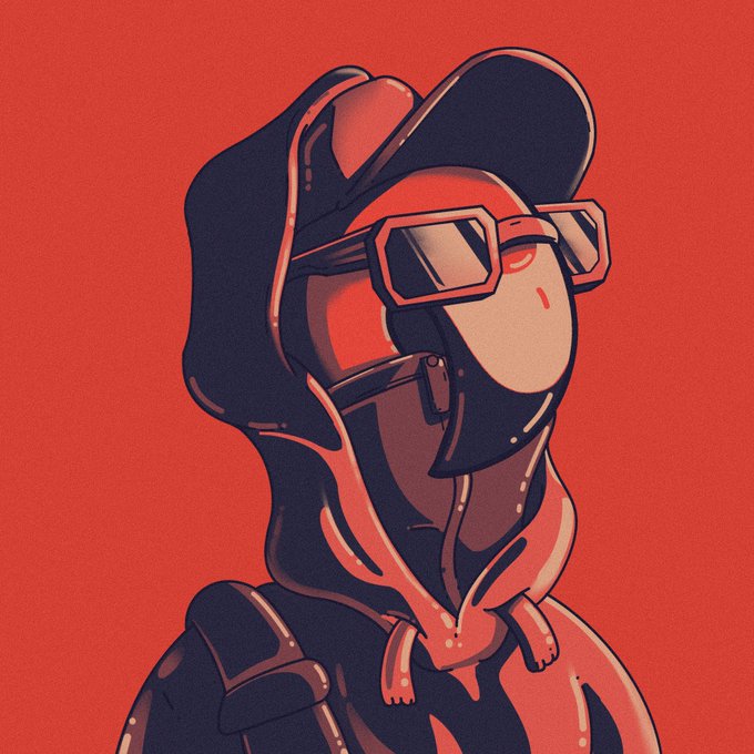 A stylized portrait of a person wearing goggles and a hood against a solid red background.