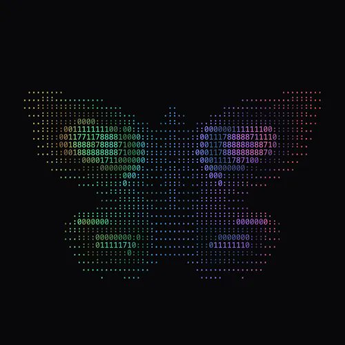 A digital art piece featuring a pixelated butterfly composed of binary code (0s and 1s) in rainbow colors against a black background. The piece's symmetrical binary pattern visually represents the "NTRPY #3306" NFT sold on-chain, linking the cryptographic data aesthetic to its blockchain transaction.