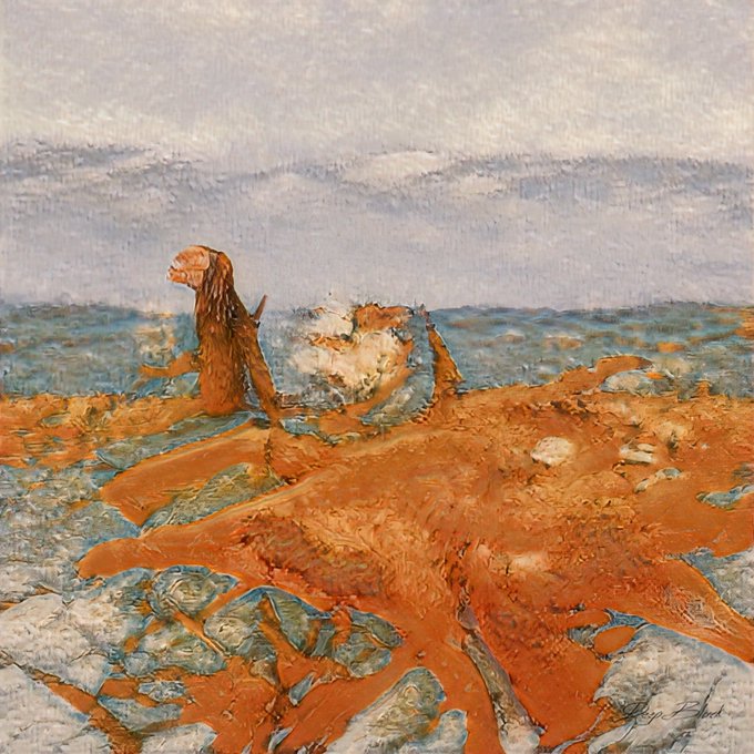 An impressionist-style oil painting depicting abstract forms in orange and blue tones over a rocky landscape beneath a cloudy sky, signed in the lower right corner.