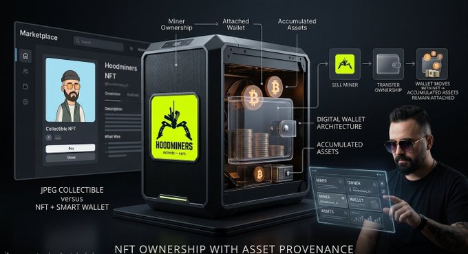 A diagram explaining 'NFT OWNERSHIP WITH ASSET PROVENANCE', comparing a 'JPEG COLLECTIBLE VERSUS NFT + SMART WALLET' for a 'Hoodminers NFT'. It shows a 'DIGITAL WALLET ARCHITECTURE' containing 'Accumulated Assets' like Bitcoin, with a workflow indicating 'SELL MINER', 'TRANSFER OWNERSHIP', and 'WALLET MOVES WITH ACCUMULATED ASSETS REMAIN ATTACHED'.