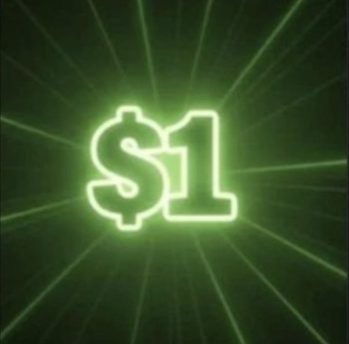 A glowing green neon-style '$1' symbol radiating light beams against a dark background.