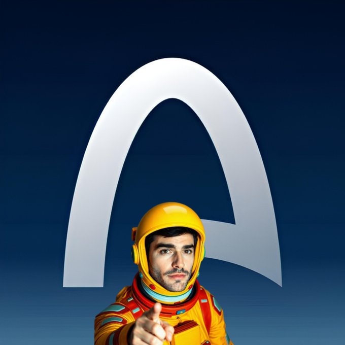 An image of an astronaut in a yellow suit pointing forward, positioned in front of a large silver letter 'A' logo on a blue background.