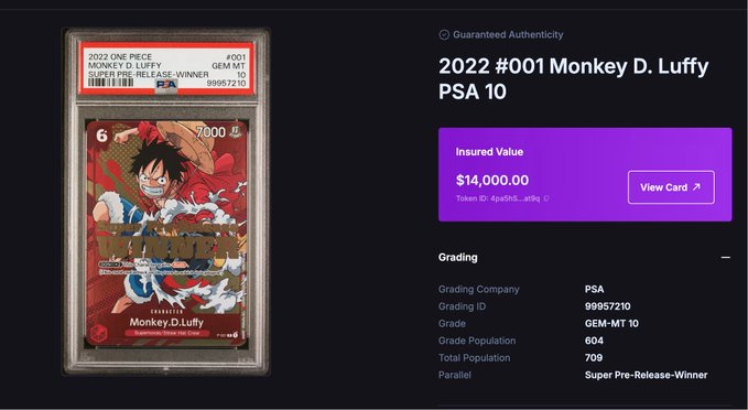 A graded PSA 10 trading card features Monkey D. Luffy from One Piece, marked as a Super Pre-Release-Winner, with an insured value of $14,000.00 and a grading population of 604.