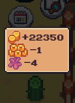 A pixel-art game screenshot showing a score of +22350 with icons for coins, gems, and purple items.