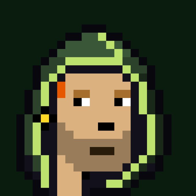 A pixel art portrait depicts a bearded character wearing a green hood, with one orange pixel near the temple and a yellow accent on the cloak—matching the "Magicfunks" theme of stylized, blocky digital collectibles.