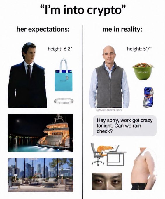 A meme titled 'I'm into crypto' comparing 'her expectations' (a tall man in a suit, luxury bags, yacht, and upscale penthouse) with 'me in reality' (a shorter bald man in a vest, salad bowl, cat food, a work rain check text, desk, shirtless torso, and tired eyes).