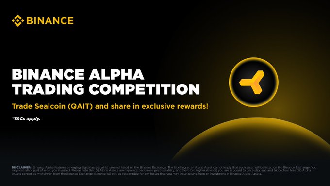 A Binance Alpha Trading Competition promotional banner advertises a QAIT (Sealcoin) trading contest, featuring bold yellow Binance branding against a dark background with the event's headline and disclaimer text at the bottom. The image complements the accompanying post highlighting $200K in rewards and a new 1.2x Rising Trader Boost for qualified Alpha competition participants.