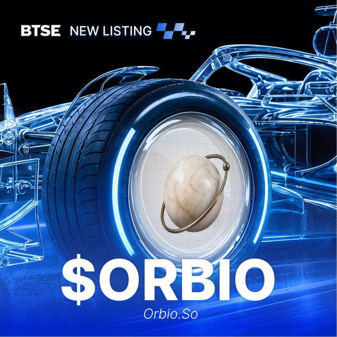 A promotional graphic announcing 'BTSE NEW LISTING' with the ticker '$ORBIO' and the name 'Orbio.So', featuring a futuristic tire and a marbled sphere.