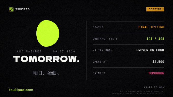 A promotional graphic for 'TSUKIPAD' announcing a launch date with 'TOMORROW.' and Japanese text '明日、始動。', showing a final testing status of 148/148 and opening at $2,500.