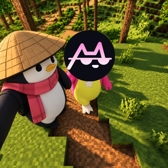Two cartoon characters—one a penguin wearing a conical straw hat and red scarf, the other a yellow bird with a pink outfit—stand on a blocky, Minecraft-style landscape, with the bird's head replaced by a circular pink 'M' logo.