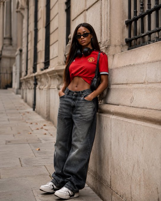 A photograph captures a young woman with long dark hair wearing a red Manchester United cropped jersey, baggy jeans, sunglasses, and headphones around her neck, leaning against a stone building.