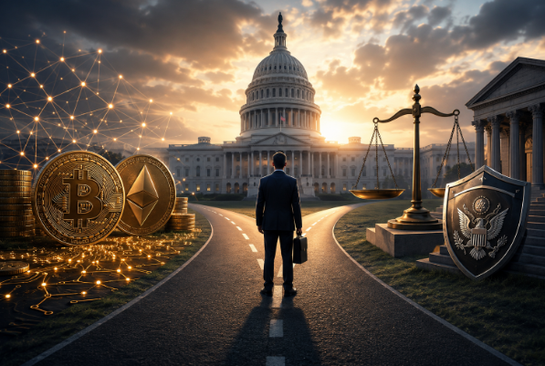 A businessman stands at a crossroads with the U.S. Capitol in the background, flanked by cryptocurrency symbols on one side and a scale of justice with a government seal on the other.