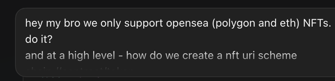 A screenshot of a Discord message asking about OpenSea support for Polygon and ETH NFTs and how to create an NFT URI scheme.