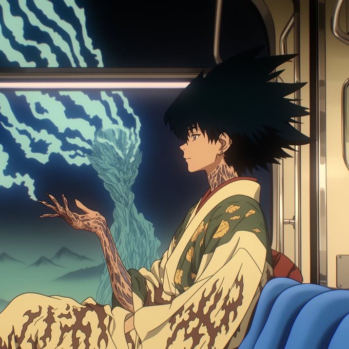 An anime illustration featuring a character with spiky black hair and intricate tattoos on their arm and neck, wearing a cream-colored robe with dark patterns, seated in a vehicle looking out at a stormy, mystical landscape.