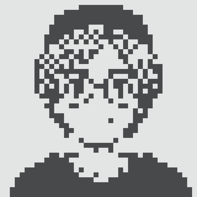 A pixel-art portrait of a person's face in dark blue/navy tones, rendered in a low-resolution retro style.