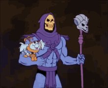 The image depicts a man dressed as a skeleton or dragon standing next to two stuffed animals, one of which appears to be a cat with a purple mask. The man seems to be holding onto these items while wearing a dark purple suit with a skull design on his chest and head. The background is blurred, making it difficult to identify the setting. The image also contains text that mentions how these outfits are "affordable" and can be easily printed.