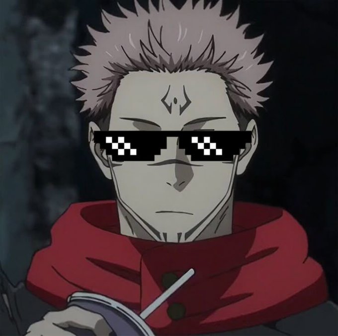 An anime character with spiky pinkish hair and a forehead marking wears pixelated 'deal with it' sunglasses and a red top while holding a drink.