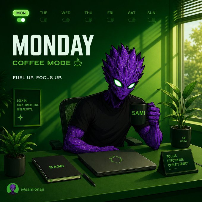 A promotional graphic titled 'MONDAY COFFEE MODE' featuring a purple alien-like creature sitting at a desk with a 'SAMI' mug, notebook, and laptop, with weekly toggles at the top and '@samionaji' handle.